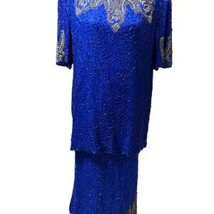 Vintage 100% Silk Beaded Two-piece Skirt Set | Cobalt Blue | L | Formal Evening